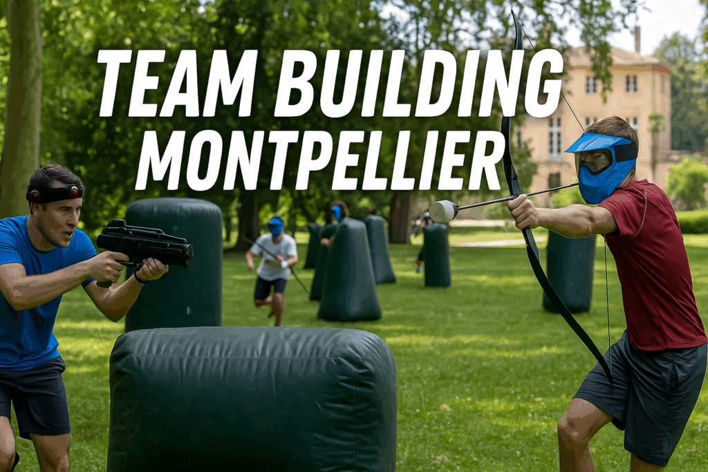 Animation de team building à Montpellier avec Laser Game et Archery Tag dans un parc arboré, devant un château.