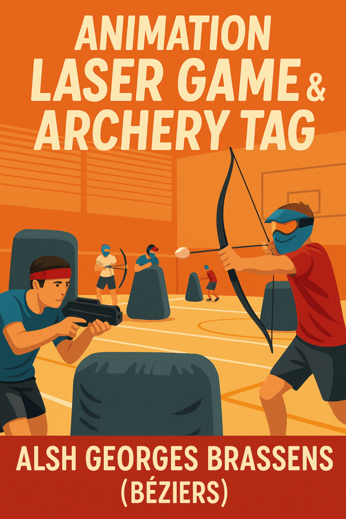 Illustration d’une animation Laser Game et Archery Tag pour l’ALSH Georges Brassens à Béziers, au gymnase Colette Besson.