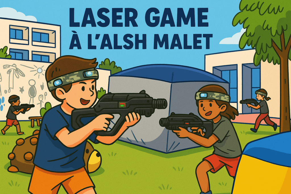 Enfants jouant au Laser Game dans la cour de l’ALSH Malet à Montpellier, entourés de structures gonflables et équipés de fusils et bandeaux.
