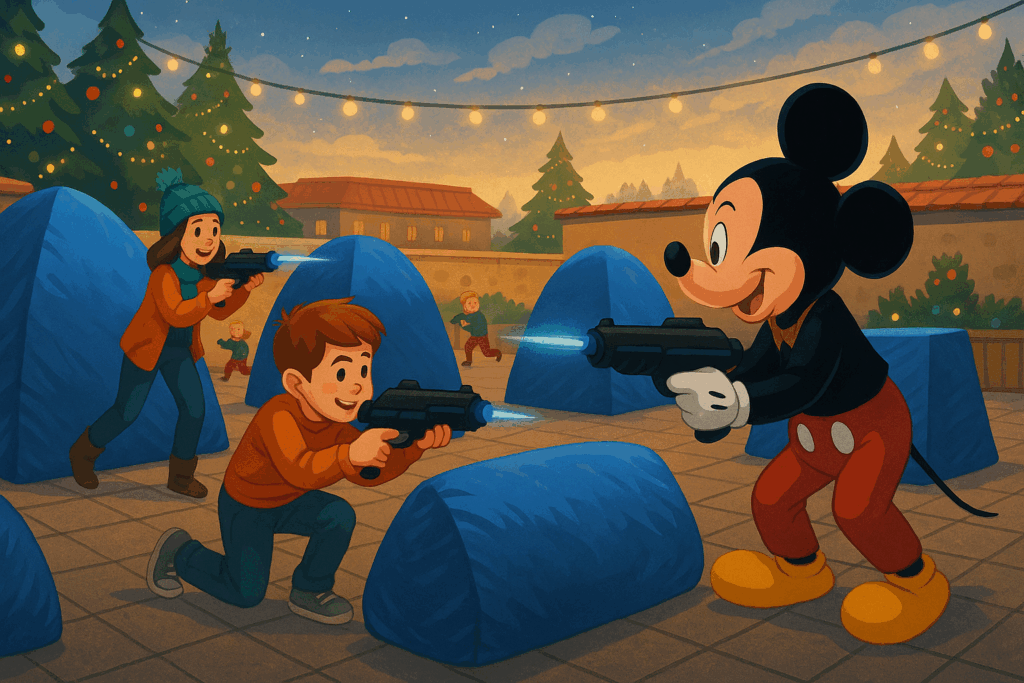 Illustration d’un Laser Game sur le toit de l’EHPAD de Creissan pendant le marché de Noël, avec des enfants et une ambiance festive.