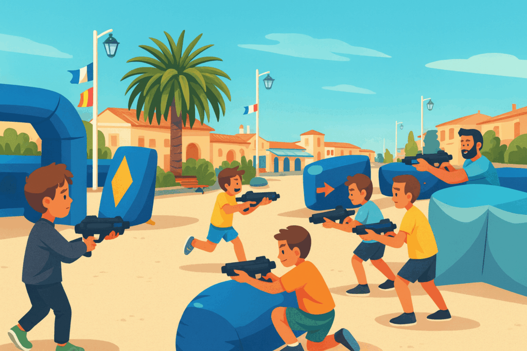Illustration animée d’une partie de Laser Game sur la place du port à Marseillan, avec enfants et adultes derrière des obstacles gonflables.