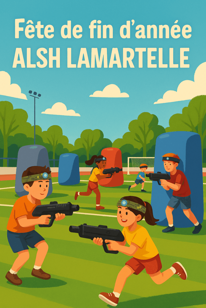 Illustration colorée d’une animation Laser Game en extérieur pour la fête de fin d’année de l’ALSH Lamartelle à Montpellier.