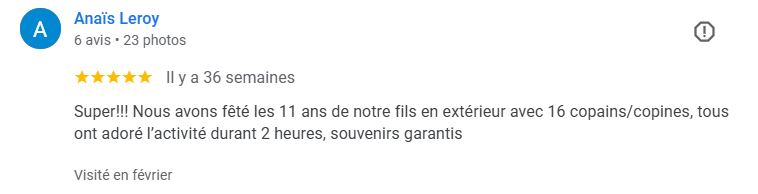Avis client sur un anniversaire Laser Game pour enfants dans l’Hérault