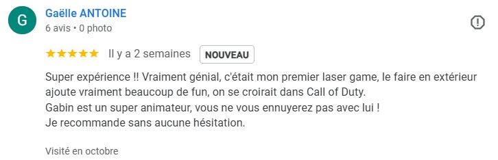 Avis client sur un anniversaire Laser Game en extérieur dans l’Hérault