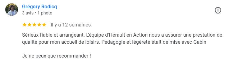 Avis Google d’un responsable de centre de loisirs satisfait d’une animation dans l’Hérault
