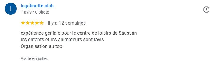Avis Google positif du centre de loisirs de Saussan sur une animation de Laser Game