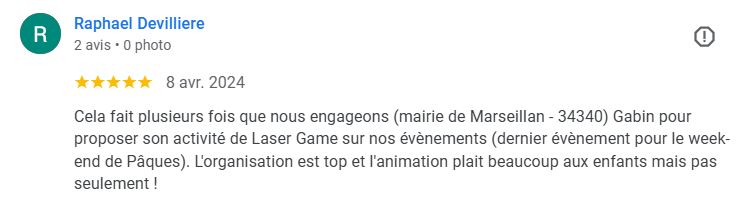 Avis Google d’une mairie sur une animation Laser Game à Marseillan
